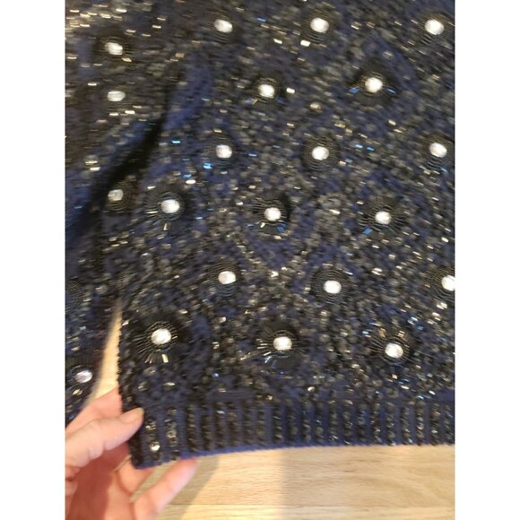 Vintage M M Kriza Beaded Jacket Cardigan Sweater Sequins Navy 100% Wool Size S - Picture 11 of 16